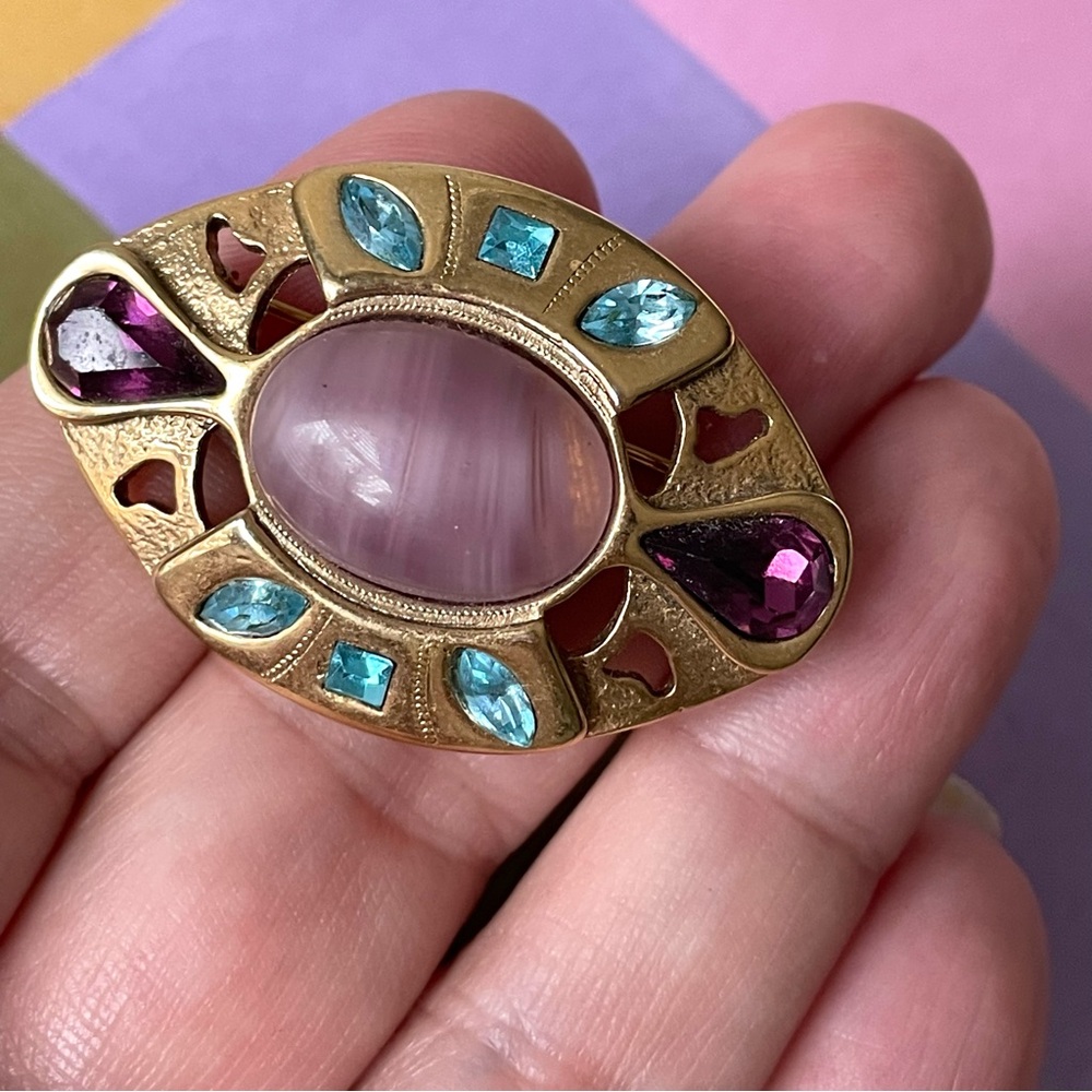 Vintage Gold-tone Brooch with Pink Center and Blue & Purple Accents